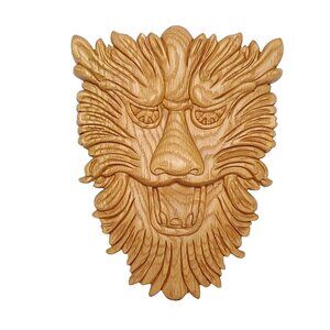 Carved Lion Face Head Wall Hanging Blonde Oak Wood Onlay Trim Mythical Dragon